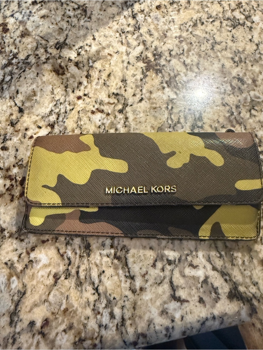 Michael Kors Black Leather Trifold Wallet with Camo Accent